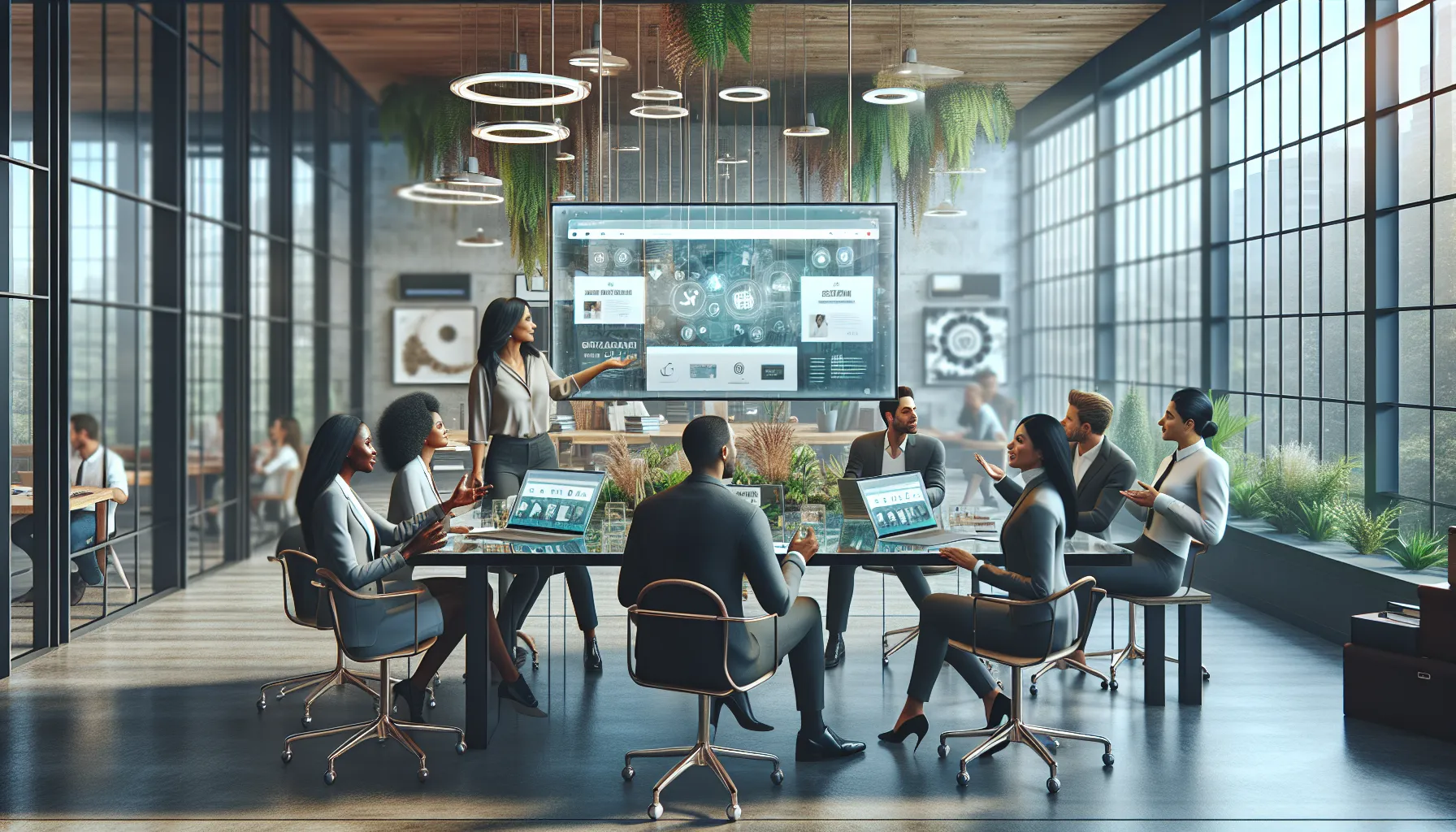 diverse professionals collaborating around laptops in a modern office.