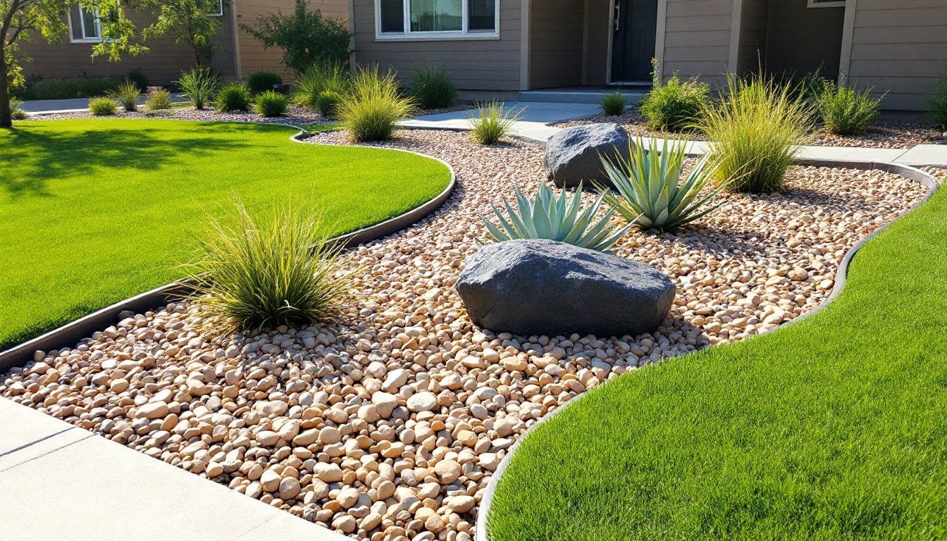 front yard river rock landscaping