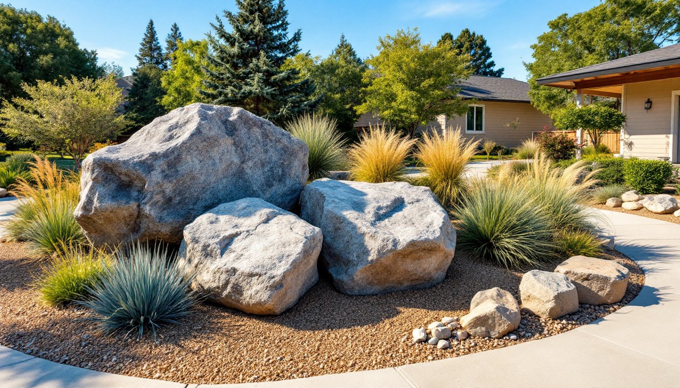 front yard landscaping with large rocks